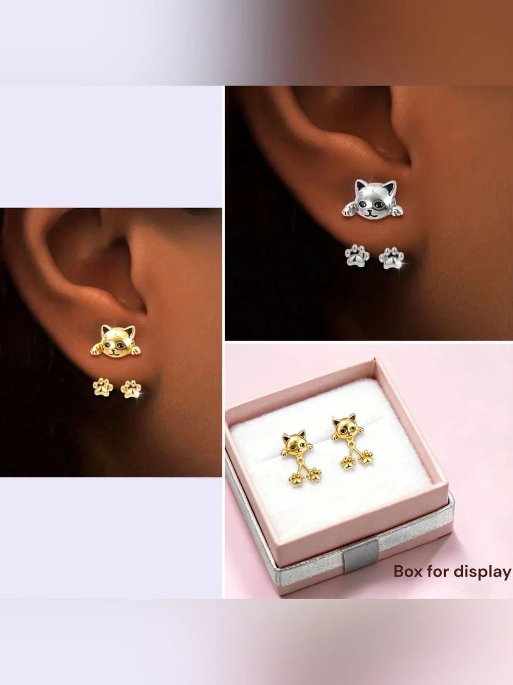 Cat Face and Paw Stud Earring Set - Women Jewelry l In Gold or Silver l New